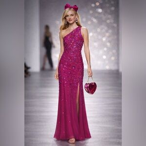 Adrianna Papell Fuchsia One-Shoulder Beaded Gown Size 12 NWT